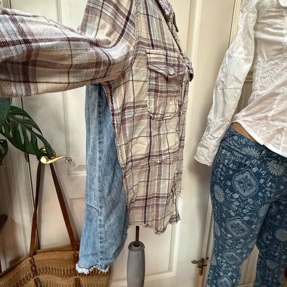 Free People Flannel Plaid & Chambray Denim Button Up Shirt XS - Picture 2 of 9